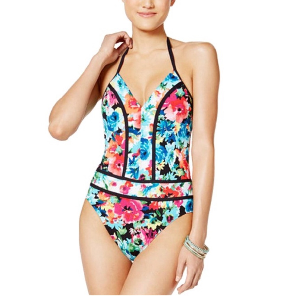 Bleu Rod Beattie Floral-Print Plunging  Swimsuit S